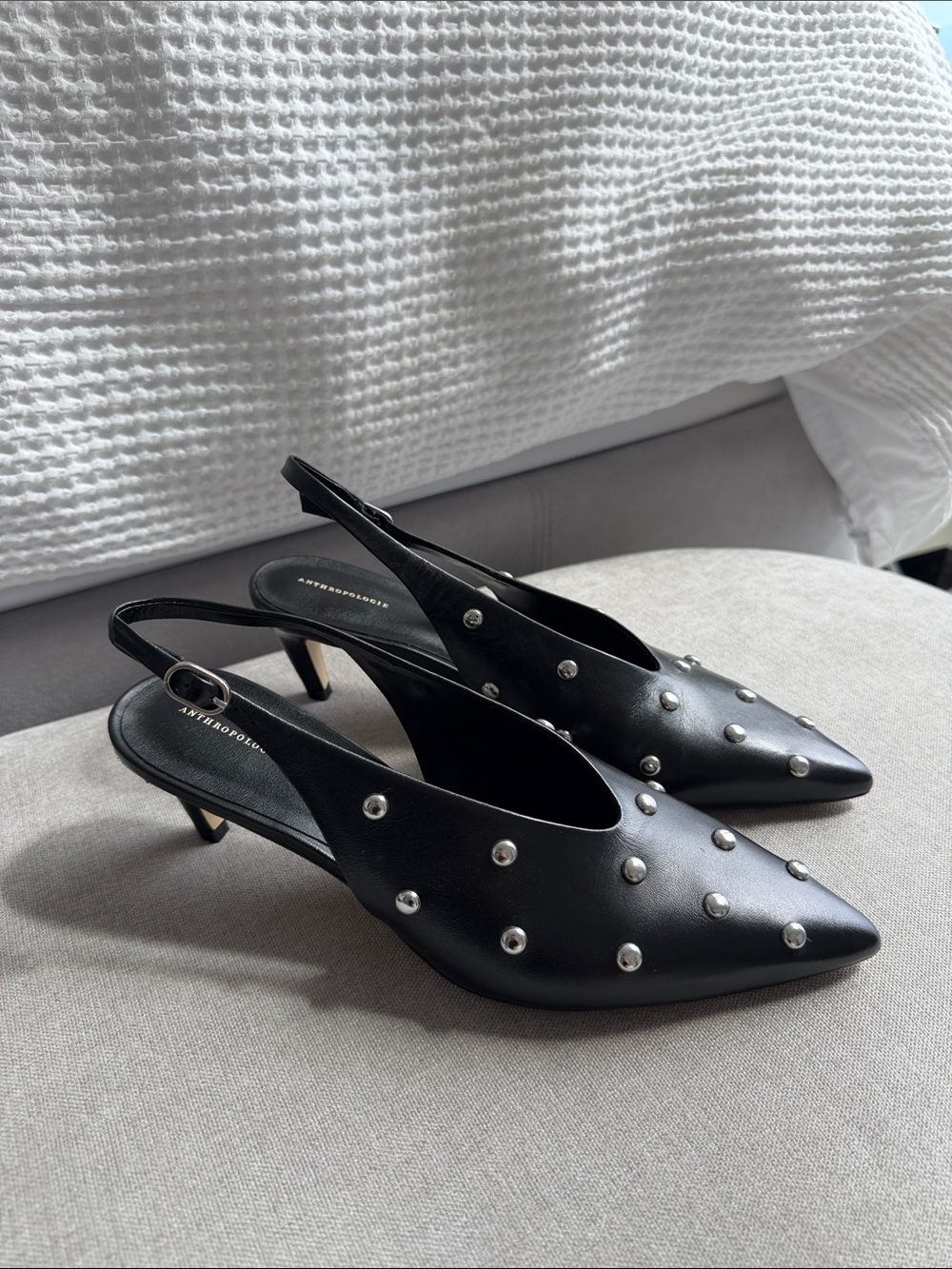 Anthropologie Studded Slingback Pointed-Toe Kitten Heels (8) Black